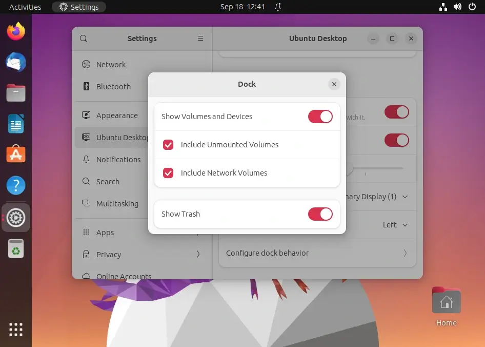 Ubuntu 22.04 Dock Settings
