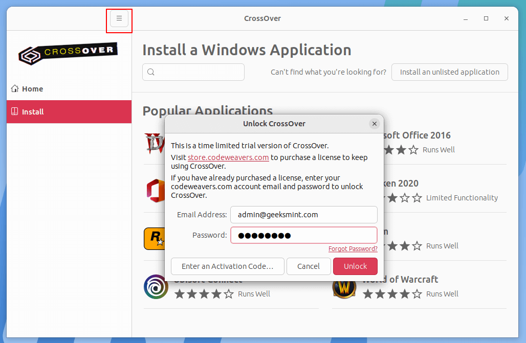 Register CrossOver in Ubuntu