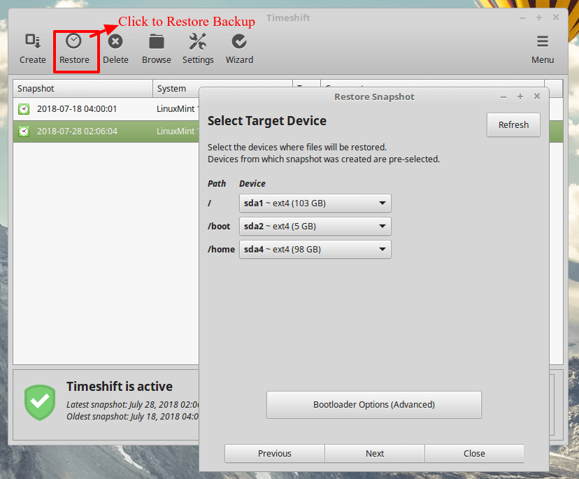 Timeshift Restore Linux System Backup
