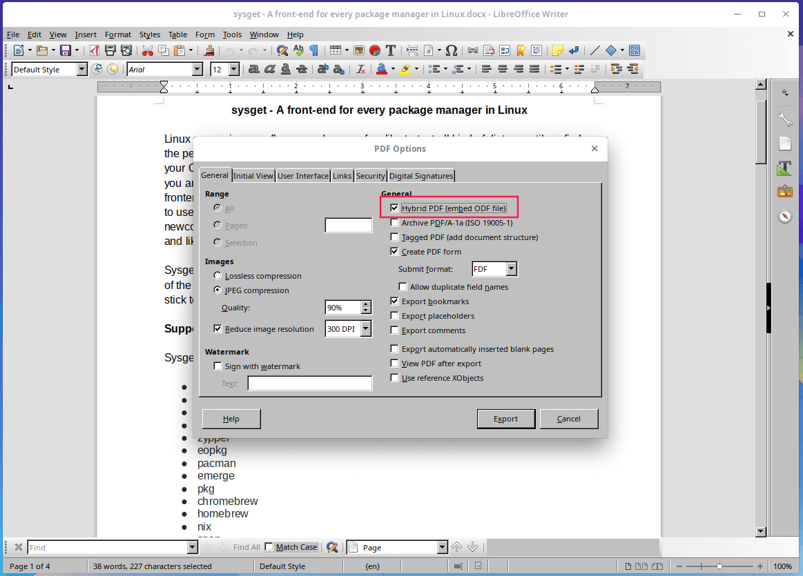 Enable Hybrid PDF in LibreOffice