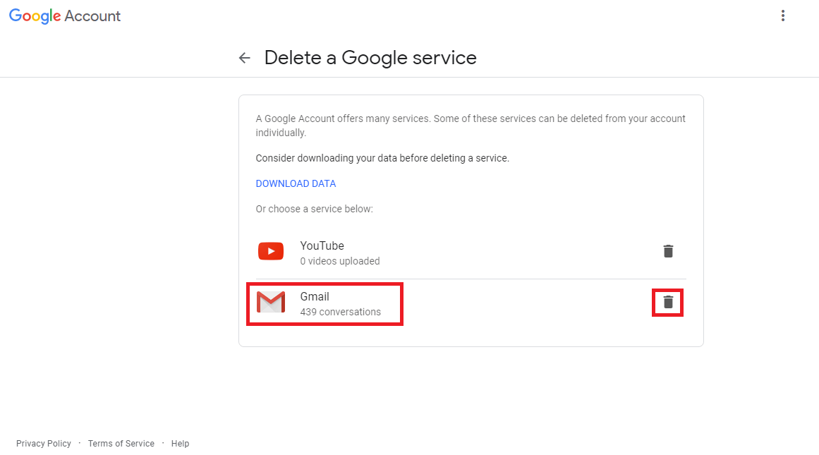 Delete Google Gmail Service