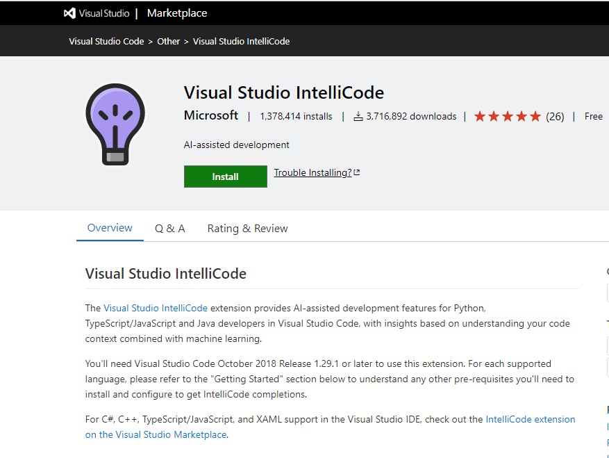 Visual Studio Intellicode Extension
