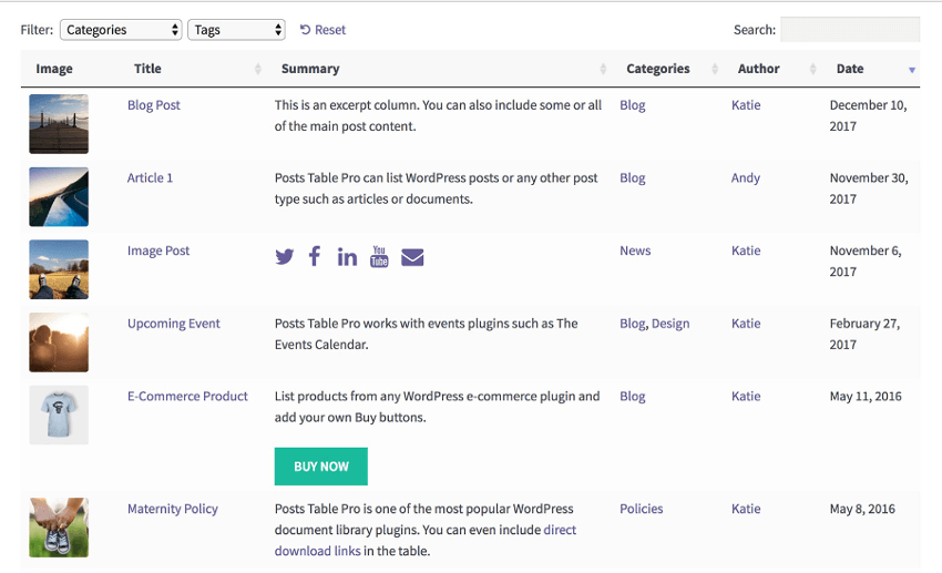 Posts Table Plugin