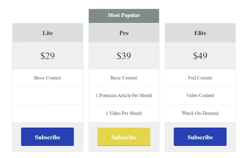 Easy Pricing Tables