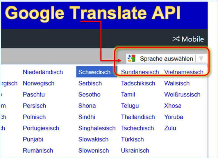 Google Translate plugin. Auswahlen. Plugin перевод