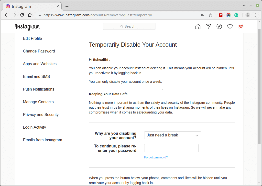 Temporarily Disable Instagram Account