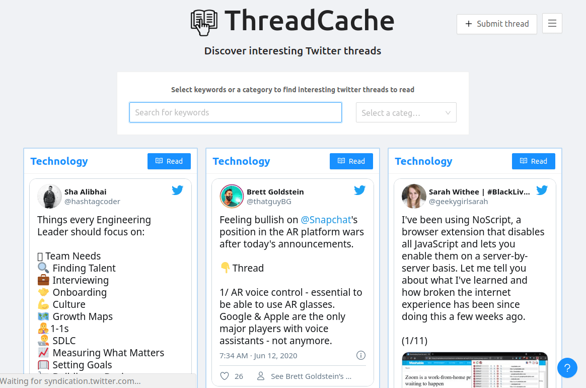 Thread Cache - Discover Interesting Twitter Threads