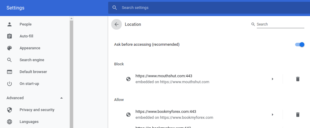 Chrome Location Settings