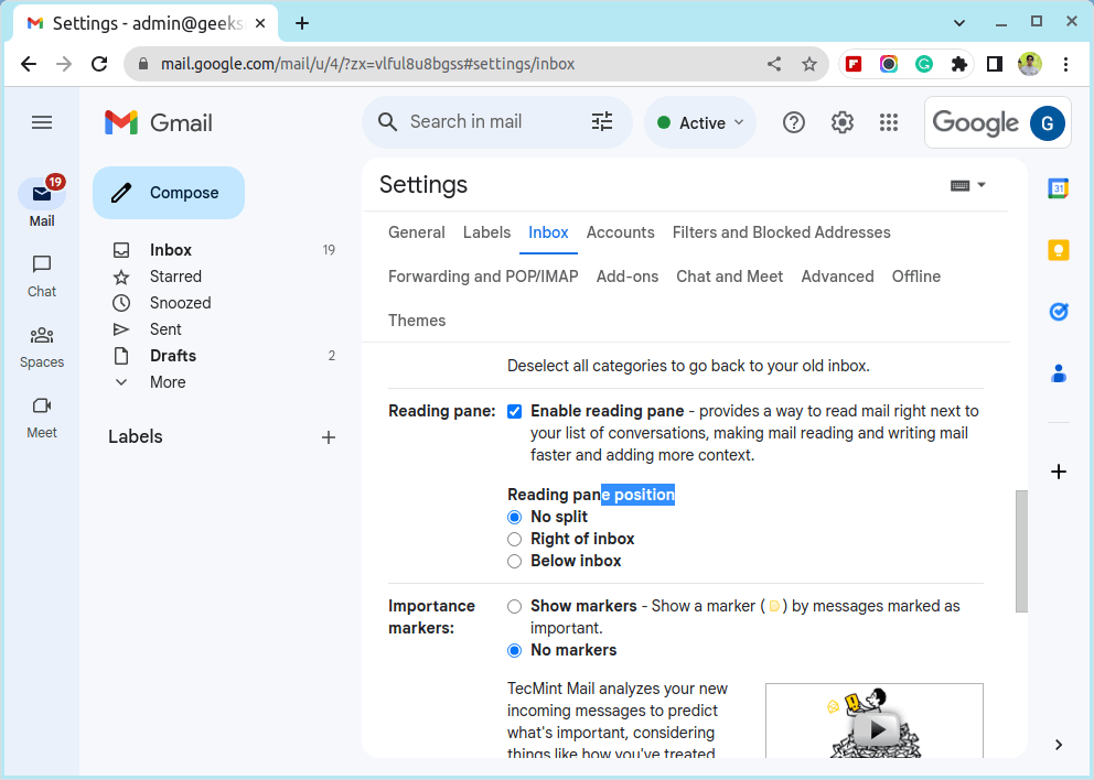 Enable Gmail Reading Pane