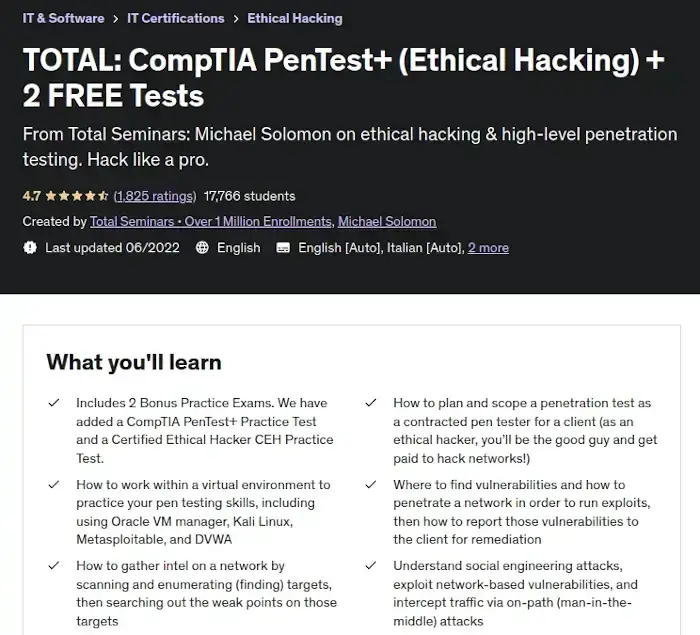 TOTAL: CompTIA PenTest+ (Ethical Hacking) + 2 FREE Tests