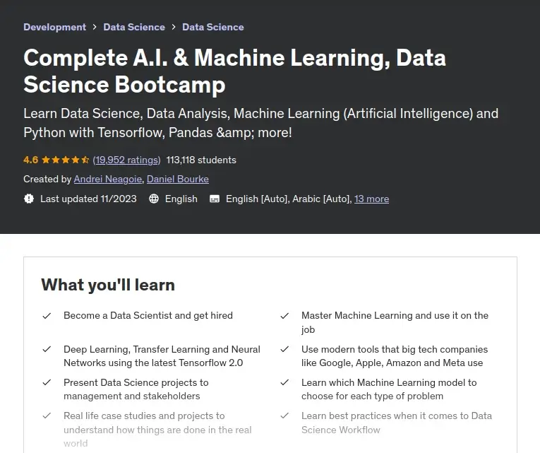Complete A.I. and Machine Learning, Data Science Bootcamp