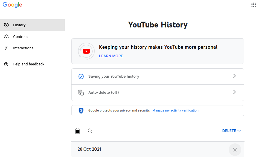 Delete YouTube Watch History