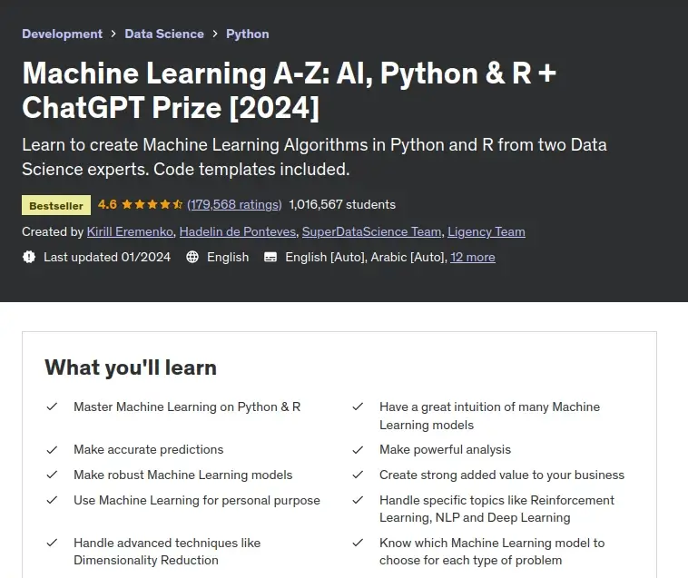 Machine Learning A-Z: AI, Python & R + ChatGPT Prize [2024]