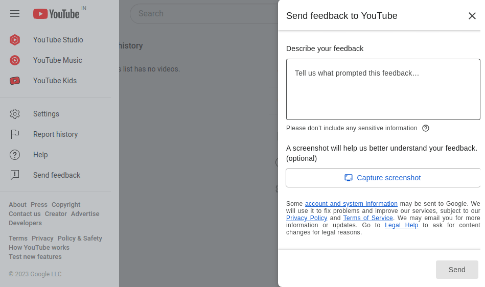Send Feedback to YouTube
