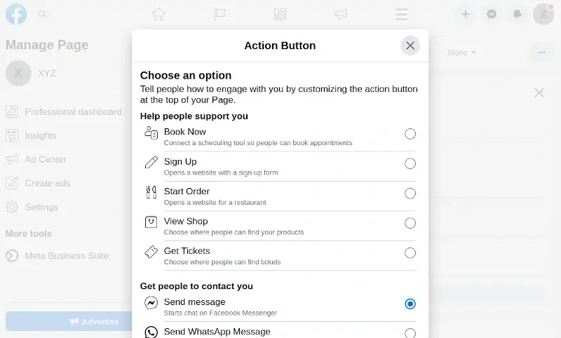 Choose Facebook Action Button