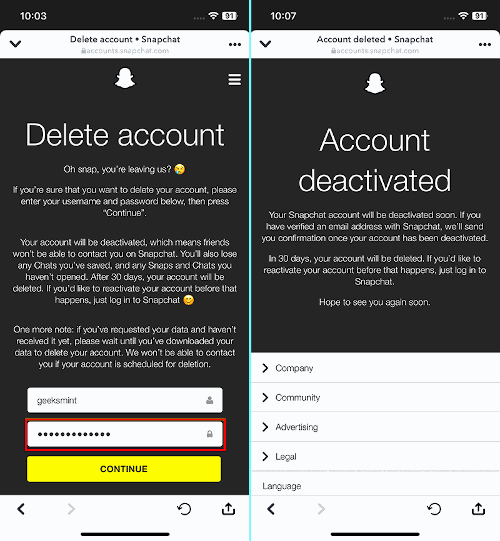 Confirm SnapChat Account Deletion