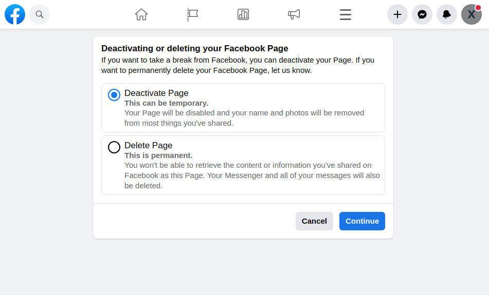 Deactivating or Deleting Your Facebook Page