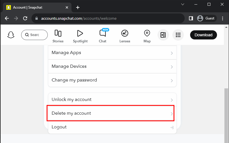 Delete Snapchat Account Option