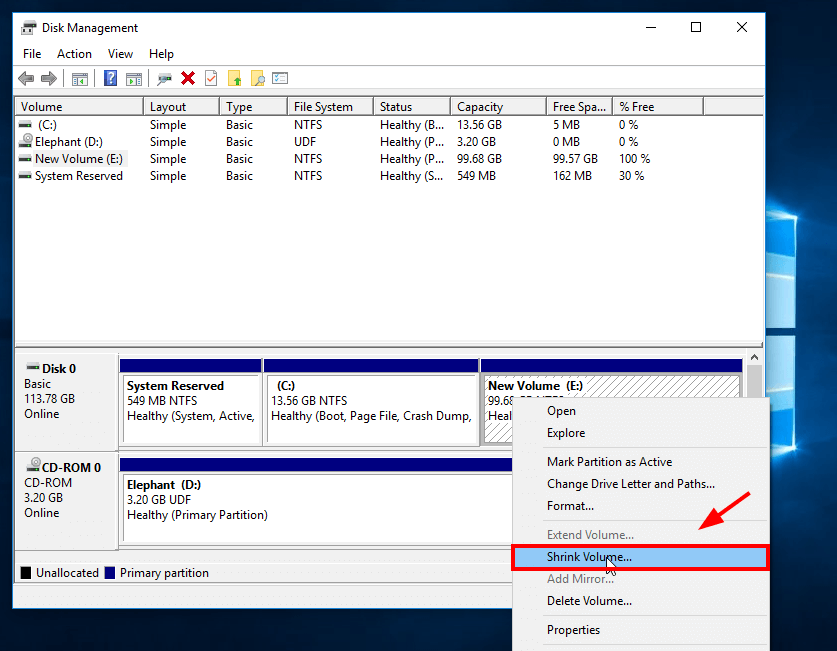 Shrink Volume on Windows