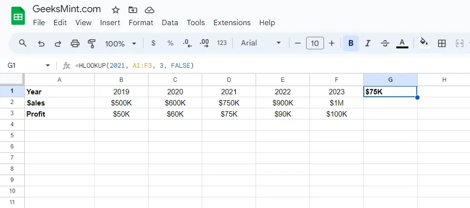Using HLOOKUP() Function